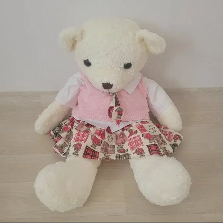 [BUNJANG] Bear Plush Pink Vest and Check Skirt Set / 인형 곰돌이 핑크 베스트 체크 치마