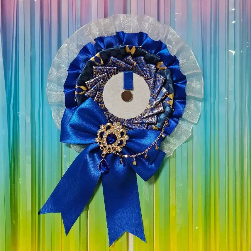 [BUNJANG] Handmade Ita Bag Brooch with Rosette, Ribbon, and Blue Cubic Detail / (추가금X) 수제 주문제작 이타백 리본 로제트 브로치 ㅡ 블루