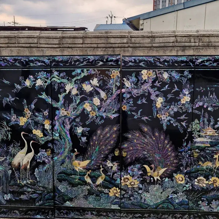[BUNJANG] Najeonchilgi Mother-of-Pearl Four-Panel Folding Screen / 나전칠기 자개농 네폭  병풍 인테리어용 자개장문짝 고가구