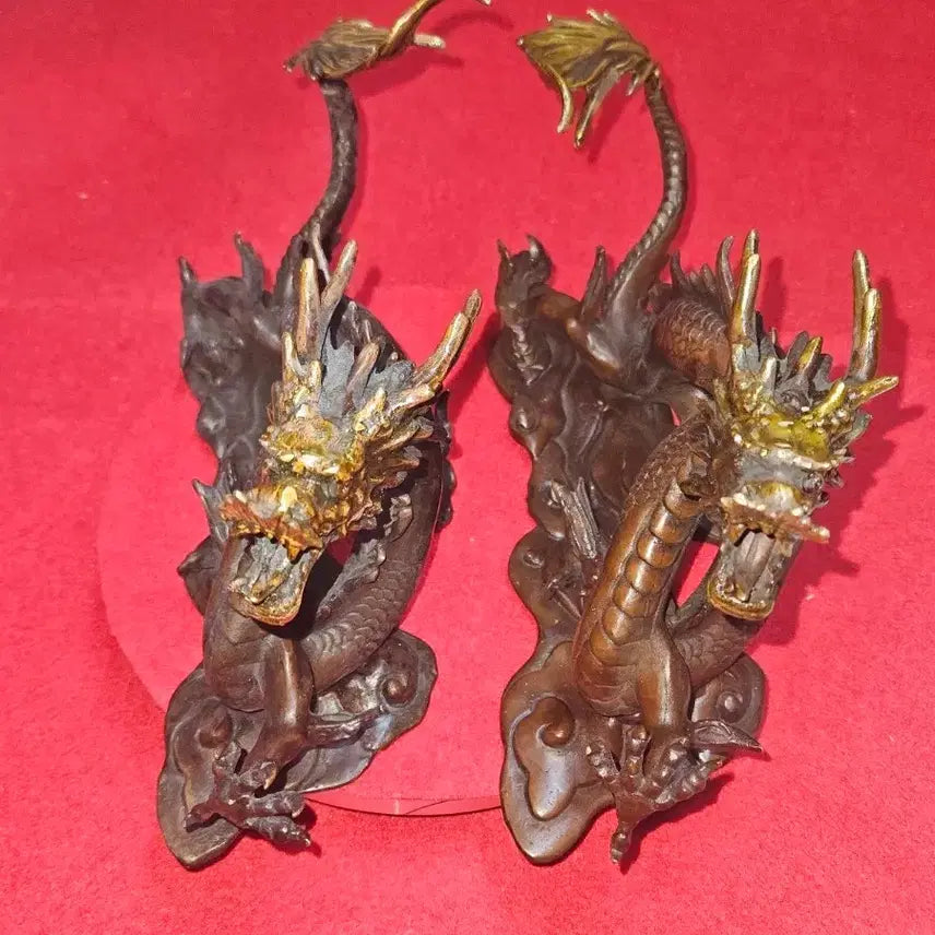 [BUNJANG] Solid Brass Golden Accent Flying Dragon Sculpture Set (3.54kg) / [명품/풍수소품] 황동 금채 비상 운룡 조각상 쌍룡 한 쌍 (3.54kg