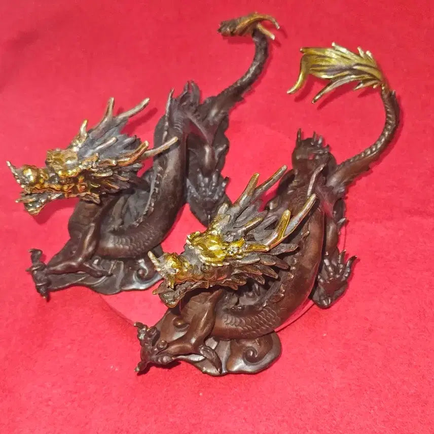 [BUNJANG] Solid Brass Golden Accent Flying Dragon Sculpture Set (3.54kg) / [명품/풍수소품] 황동 금채 비상 운룡 조각상 쌍룡 한 쌍 (3.54kg