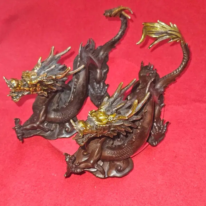 [BUNJANG] Solid Brass Golden Accent Flying Dragon Sculpture Set (3.54kg) / [명품/풍수소품] 황동 금채 비상 운룡 조각상 쌍룡 한 쌍 (3.54kg