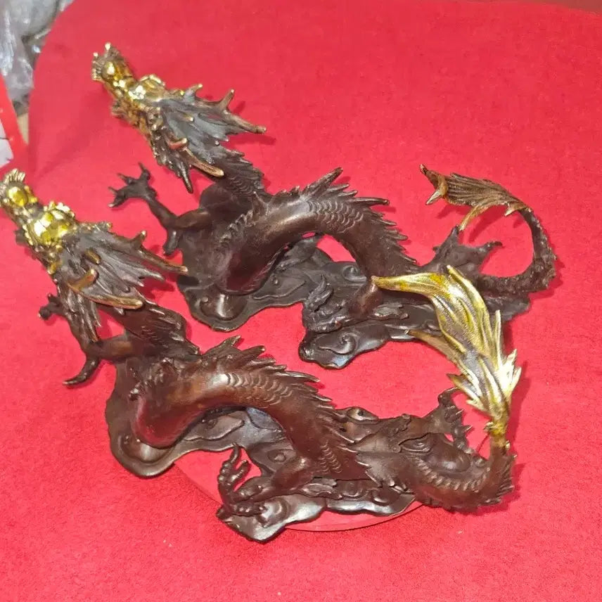 [BUNJANG] Solid Brass Golden Accent Flying Dragon Sculpture Set (3.54kg) / [명품/풍수소품] 황동 금채 비상 운룡 조각상 쌍룡 한 쌍 (3.54kg