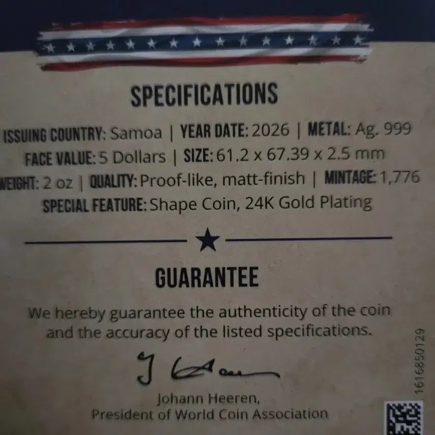[BUNJANG] 2025 Samoa 2oz 250th Anniversary of American Independence 24k Gold-Plated Silver Coin / 2025 사모아 2온스 미국 독립 250주년 기념 24k 금도금 은화