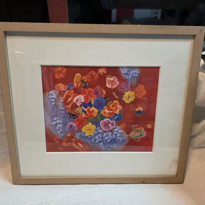 [BUNJANG] Chun Kyung-ja Flower and Butterfly Canvas Print Framed Art / 천경자 꽃과나비 캔버스 액자 그림