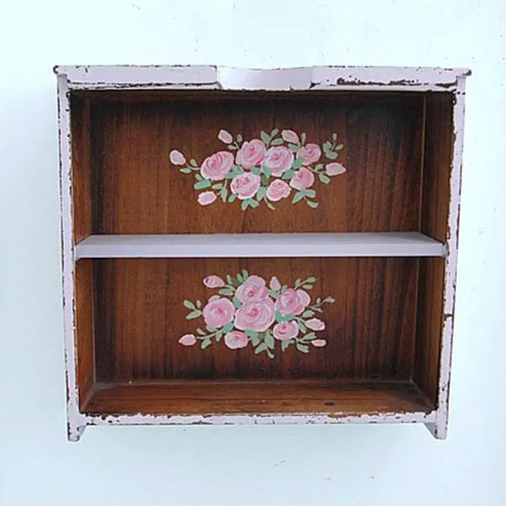 [BUNJANG] Vintage British 2-Tier Wooden Wall Shelf with Pink Floral Design / 빈티지 영국 핑크 꽃그림이 있는 2단 우드 월 쉘프