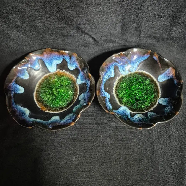 [BUNJANG] Black Glaze Tianmu Flower Shape Cracked Glaze Tea Bowl with Stand Set / 흑유 천목 화형 빙열문 다완 잔잔대 접시 2점