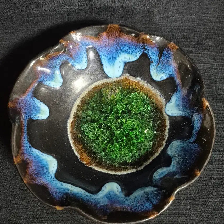 [BUNJANG] Black Glaze Tianmu Flower Shape Cracked Glaze Tea Bowl with Stand Set / 흑유 천목 화형 빙열문 다완 잔잔대 접시 2점