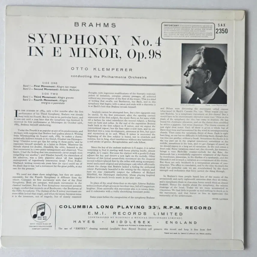 [BUNJANG] Otto Klemperer Brahms Symphony No. 4 LP (Columbia SAX First Pressing) / 오토 클렘페러 - 브람스 교향곡 4번 LP ( 콜롬비아 SAX 초반)