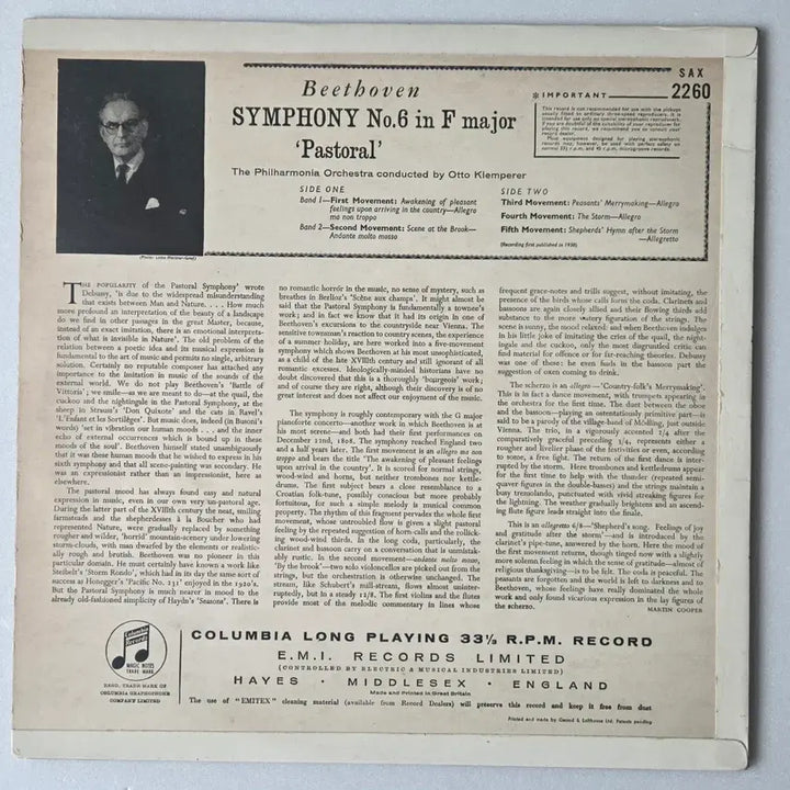 [BUNJANG] Otto Klemperer Conducts Beethoven Symphony No. 6 "Pastoral" LP (UK Columbia SAX First Pressing) / 오토 클렘페러 - 베토벤 교향곡6번 전원 LP ( 콜롬비아SAX초반)