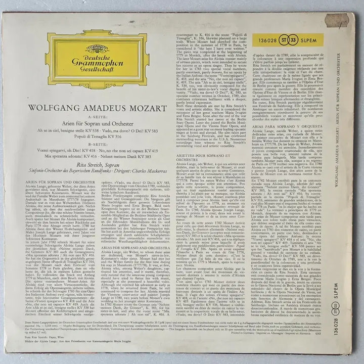 [BUNJANG] Rita Streich Mozart Concert Arias LP (Deutsche Grammophon Red Logo, Stereo) / 리타 슈트라이히 - 모차르트 콘서트 아리아 LP (DG red logo)