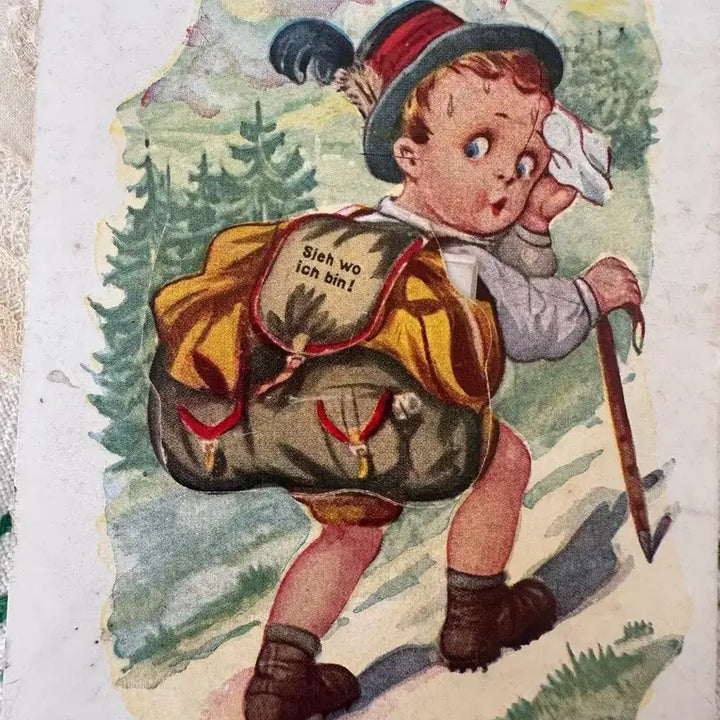 [BUNJANG] Vintage Postcard - Hiking Boy Illustration / 빈티지엽서 가방안에 책있다