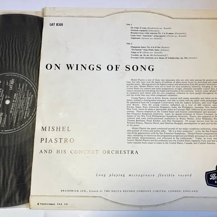 [BUNJANG] Mishel Piastro Orchestra "On Wings of Song" Classic Compilation LP (Original First Pressing) / 모노초반 LP) 바이올린 - 미셸 피아스트로 오케스트라 명곡모음