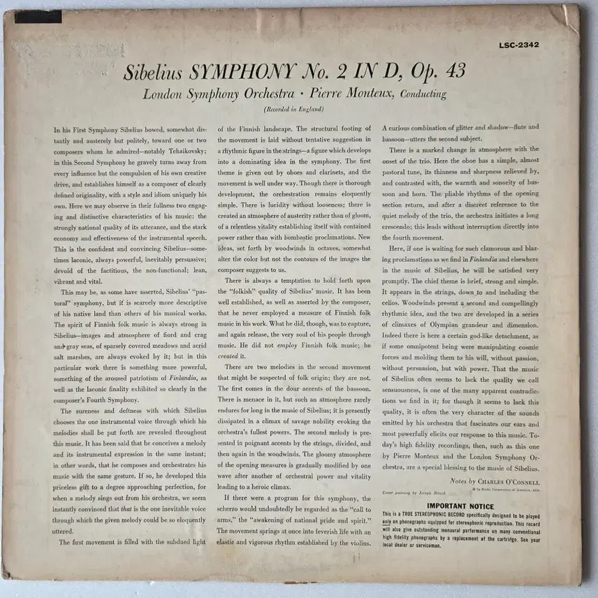 [BUNJANG] Pierre Monteux London Symphony Orchestra Sibelius Symphony No. 2 Shaded Dog LP / 몽퇴-시벨리우스 교향곡 2번 LP (리빙 스테레오 Shade Dog)