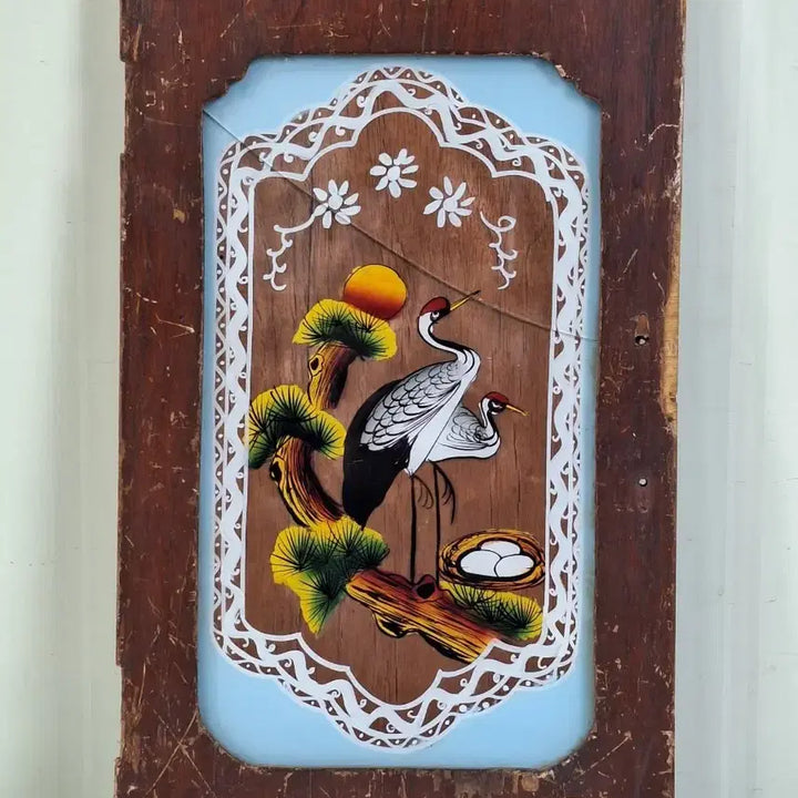 [BUNJANG] Antique Korean Glass Painting of Pine Tree and Cranes / 근대사 수집 자료 옛날 민속품 유리 송학 그림