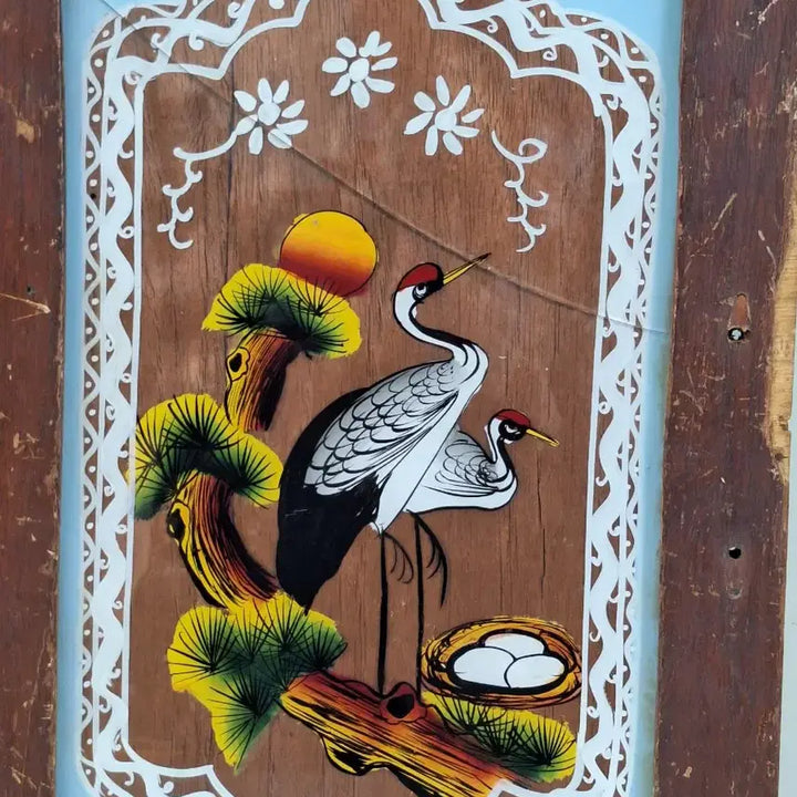 [BUNJANG] Antique Korean Glass Painting of Pine Tree and Cranes / 근대사 수집 자료 옛날 민속품 유리 송학 그림