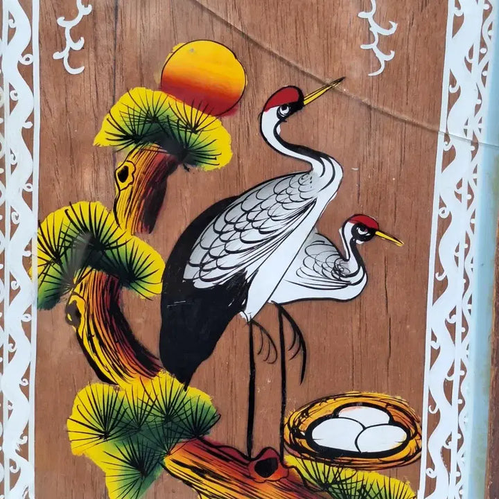 [BUNJANG] Antique Korean Glass Painting of Pine Tree and Cranes / 근대사 수집 자료 옛날 민속품 유리 송학 그림
