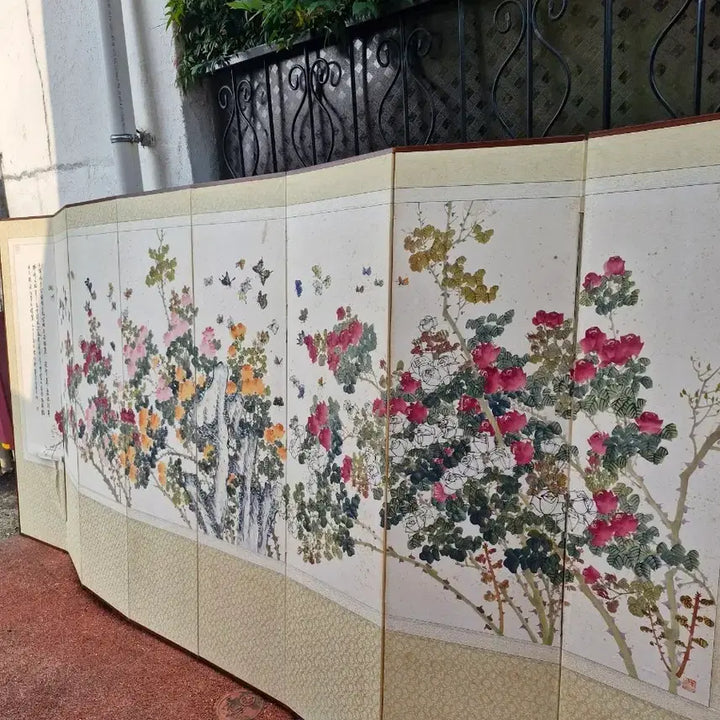 [BUNJANG] Hwagang Lee Young-woo 8-Panel Folding Screen with Birds and Flowers / 화강 이영우 8폭 화조도 일자병풍 고가구 골동품