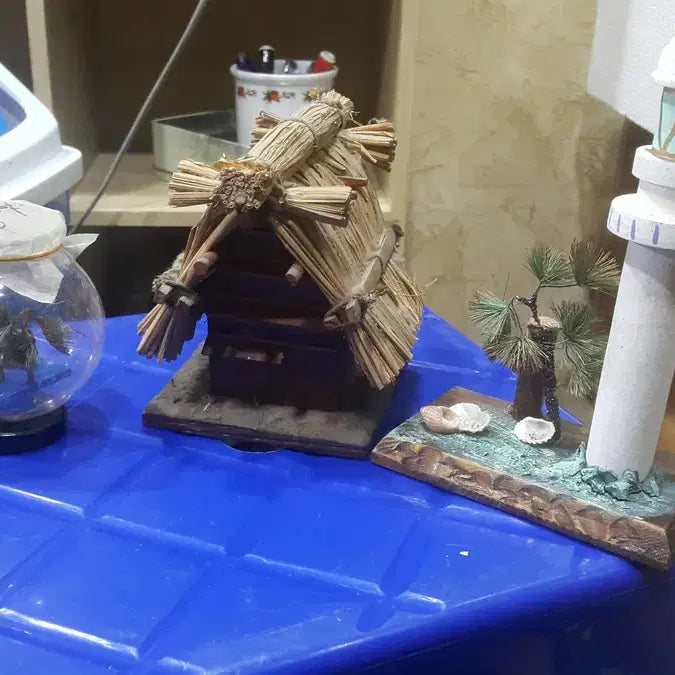 [BUNJANG] Vintage Japanese Traditional House Model, Lighthouse Model, and Monk Figurine in Glass Bottle / 등대와 전통 가옥 모형등
