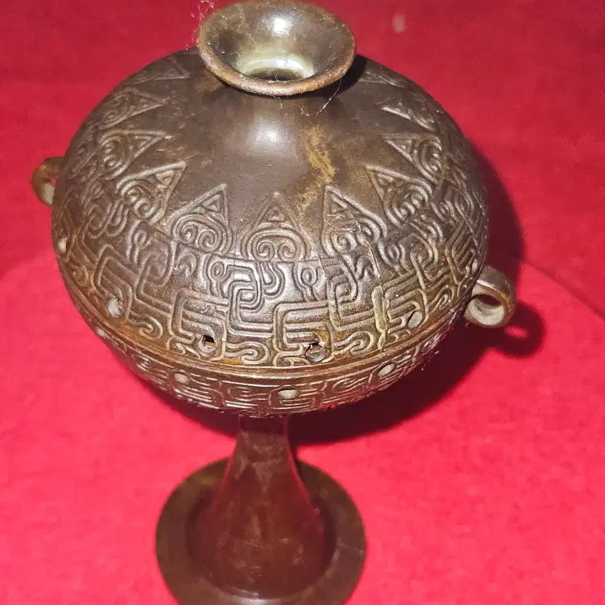 [BUNJANG] Antique Bronze Pedestal Censer with Pierced Lid and Traditional Patterns / 고풍스러운 엔틱 적동 고배형 향로 (전통 문양 투각 / 다도.서재 소품)