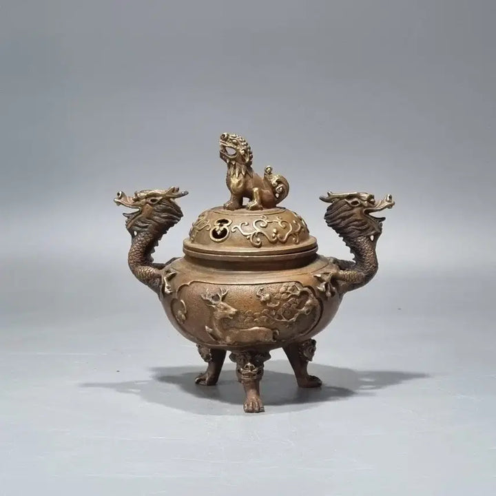[BUNJANG] Ming Dynasty Xuande Mark Bronze Tripod Censer with Double Dragon Handles / 대명선덕년제 용문 쌍이룡 삼족 향로