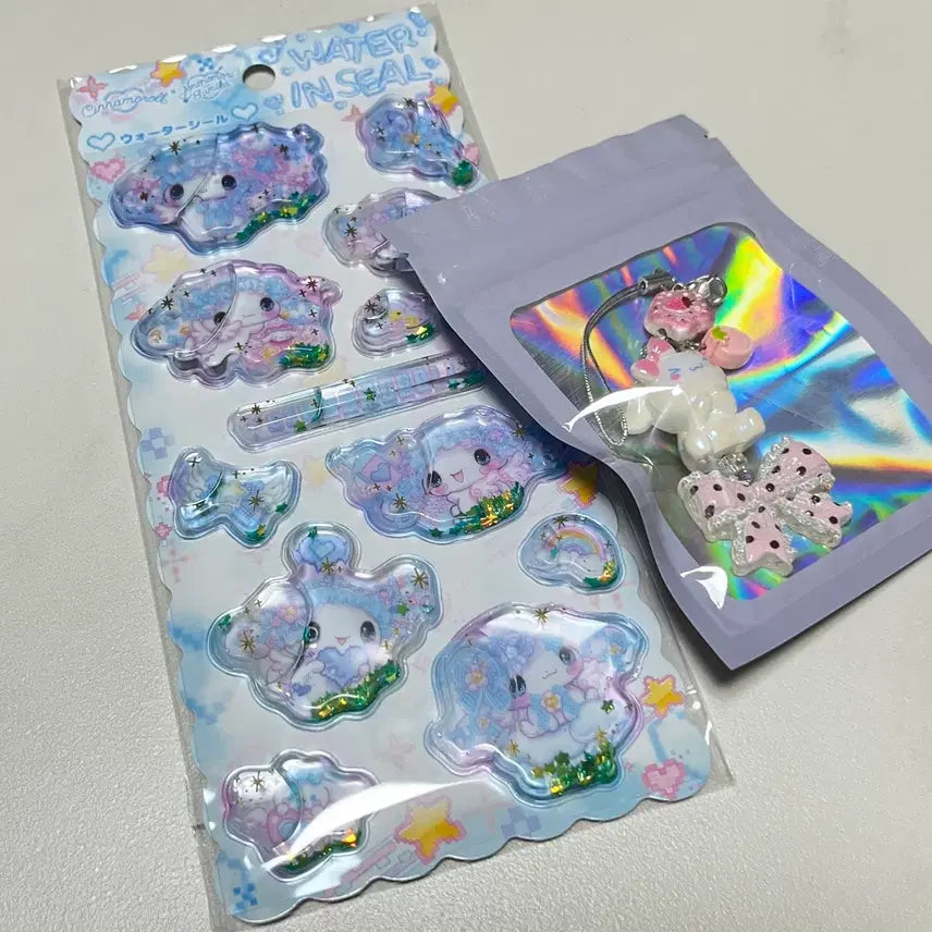 [BUNJANG] Sanrio Cinnamoroll Glitter Water Sticker &amp; Keychain Set / 산리오 시나모롤 워터 스티커 &amp; 키링
