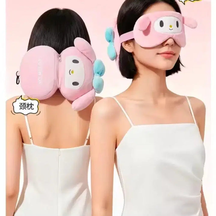 [BUNJANG] Sanrio Kuromi Foldable Cushion Neck Pillow + Sleep Mask Set / 수입 정품 산리오 쿠로미 접이식 쿠션 목베개+수면안대 세트 휴대용