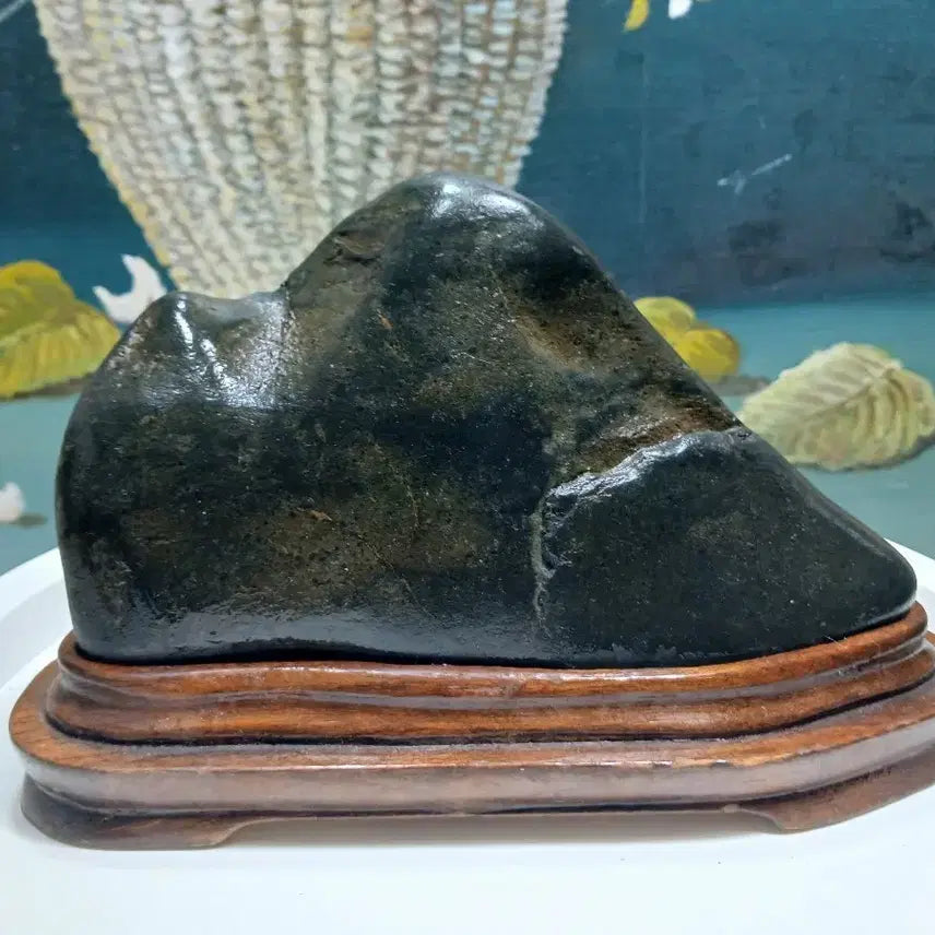 [BUNJANG] Obsidian Mountain Peak Decor with Wooden Stand / 흑요석 장식석 원목 받침대 포함