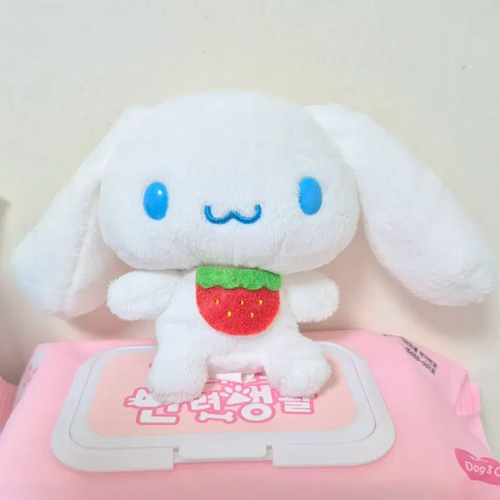 [BUNJANG] Sanrio Cinnamoroll Strawberry Bib Mascot Plush Doll / 고전 빈티지 딸기 턱받이 시나모롤 마스코트 인형