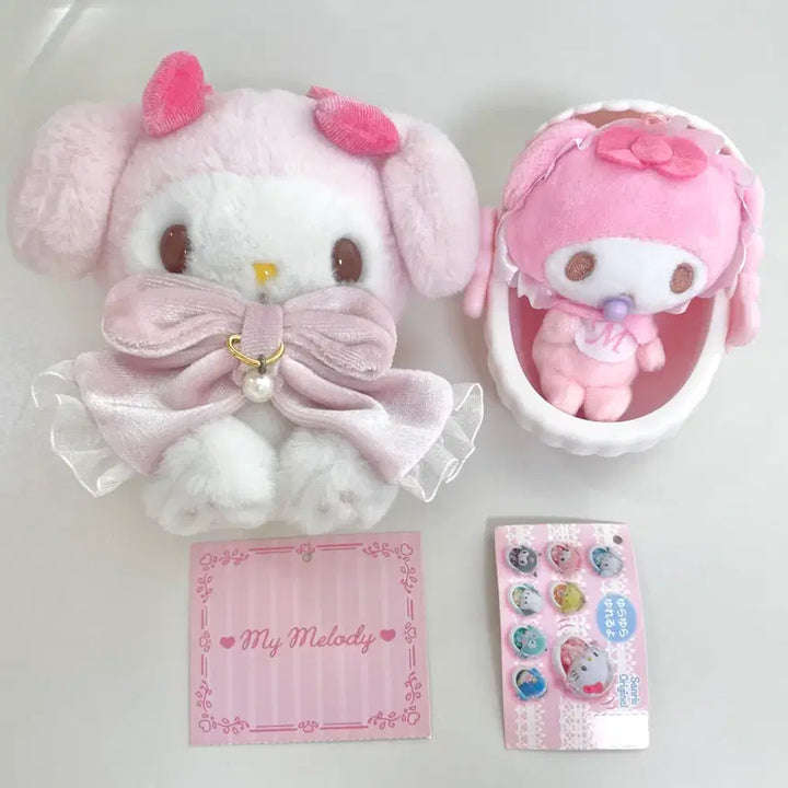 [BUNJANG] Sanrio My Melody Velour Ribbon Mascot &amp; Baby Cradle Doll Set / 마이멜로디 벨로아 리본 마스코트 + 베이비 요람 인형