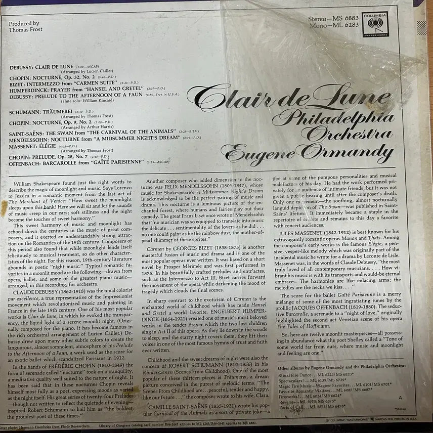 [BUNJANG] Eugene Ormandy &amp; Philadelphia Orchestra Clair de Lune LP (Columbia US Pressing) / 음반 LP 유진 오먼디 (필라델피아 오케스트라)