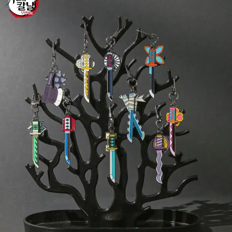 [BUNJANG] Demon Slayer Nichirin Sword Keychain Set (10 Types) with Wooden Display Stand &amp; Bonus Goods / 귀멸의 칼날 일륜도 키링 10종일괄 +나무진열대+굿즈