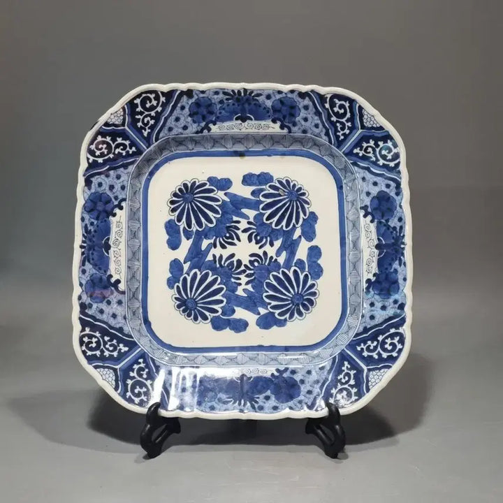 [BUNJANG] Antique Japanese Ko-Imari Celadon Porcelain Hexagonal Square Large Platter (36.2cm) / 골동품 청화백자 능화형 사각 대반 (36.2cm)