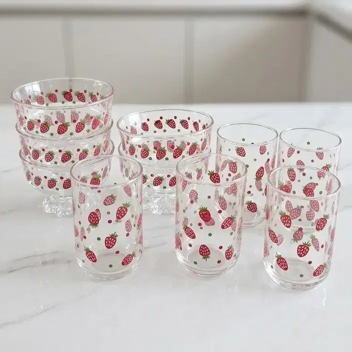[BUNJANG] Vintage Strawberry Pattern Glass Cup and Bowl Set / 빈티지유리컵 유리그릇세트