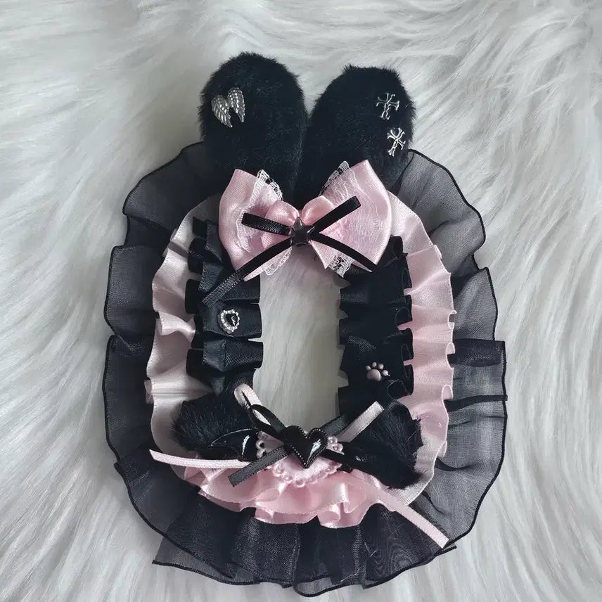 [BUNJANG] Black Pink Rabbit Gyaru Cat Ribbon Heart Toploader Deco Set / 레이스탑꾸 블랙 핑크 토끼 갸루 네코 리본 하트 탑로더 꾸미기