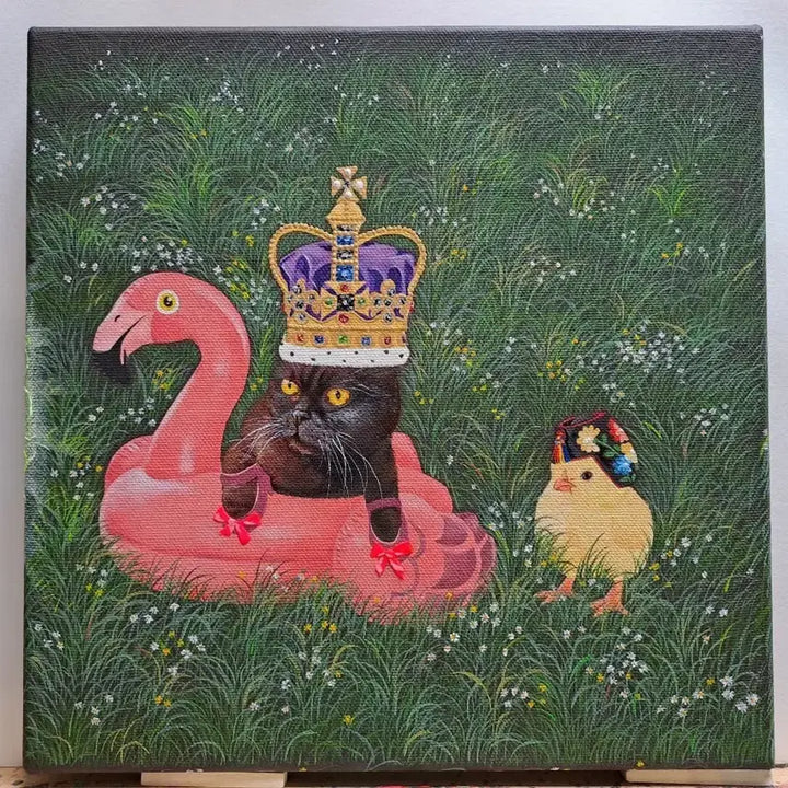 [BUNJANG] Cat and Chick with Crown Illustration Framed Art / 고양이와 병아리 왕관 일러스트 액자
