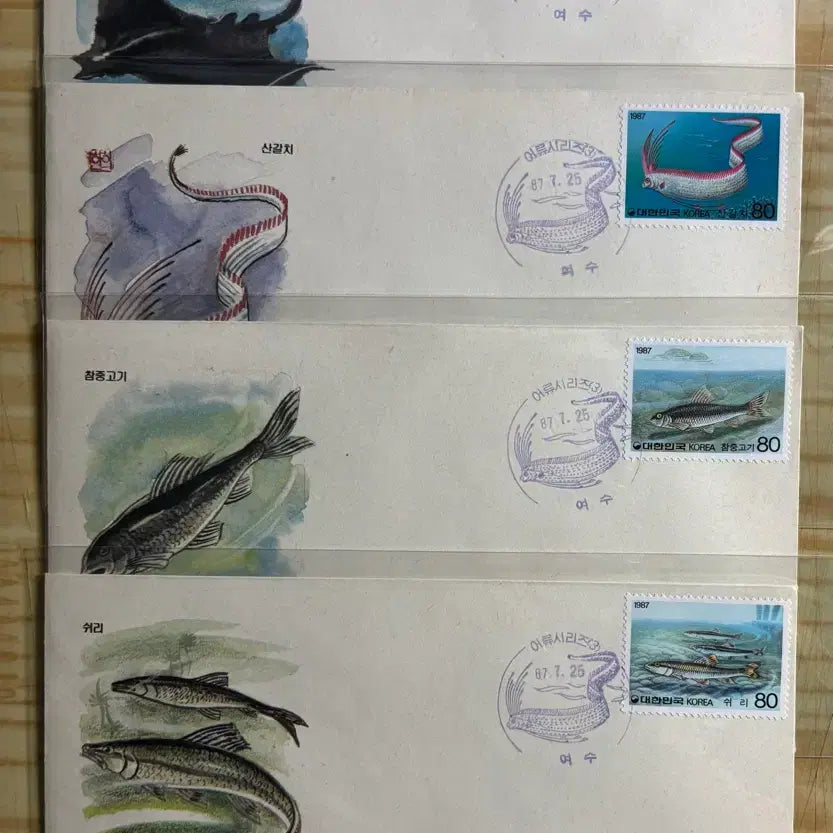 [BUNJANG] 1987 FDC Set (4 types) featuring Fish Series 3 / 어류시리즈3집4종, 까세, 초일봉파, 1987년, 안내장포함