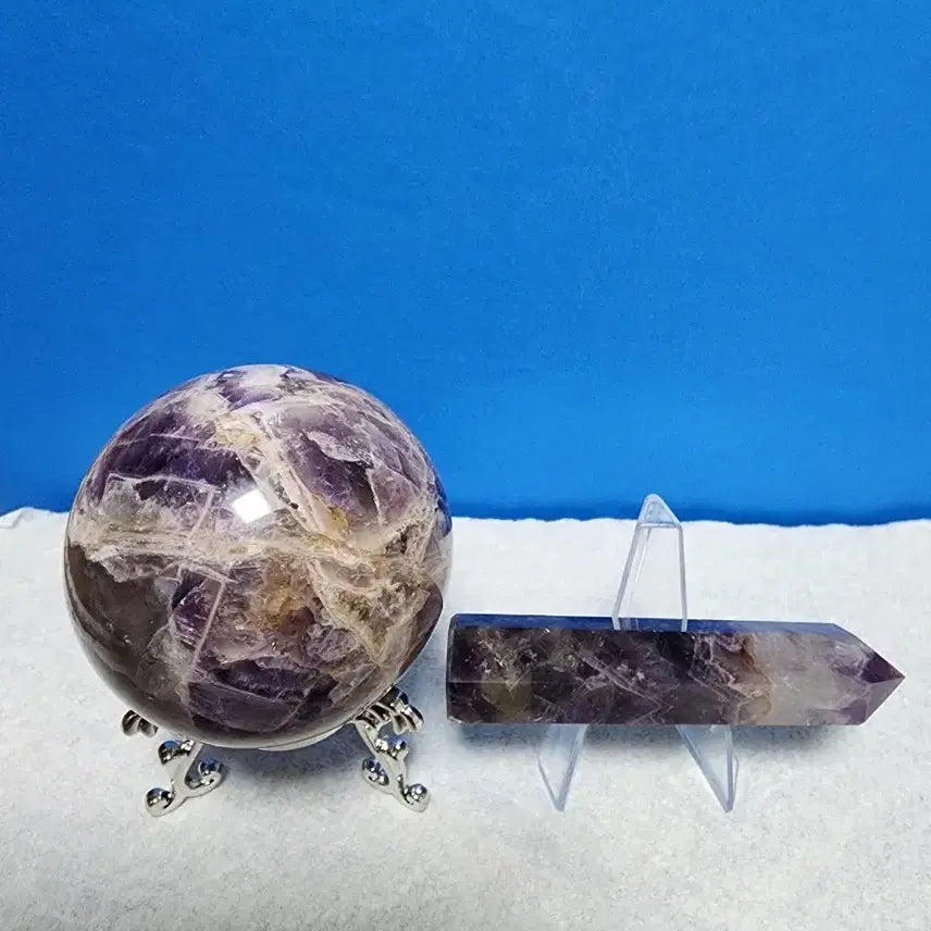 [BUNJANG] Natural Amethyst Sphere (6cm) + Hexagonal Pillar + Stand Set / 천연 자수정 대형 구체(6cm)+육각기둥+받침대