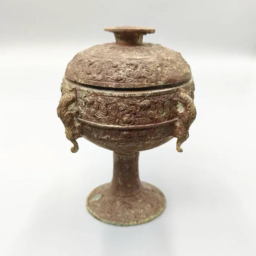 [BUNJANG] Ancient Chinese Bronze High-Footed Incense Burner with Dragon Handles and Cloud-Dragon Motif / 출토품 고대 중국 청동기 고족 향로 중국골동품 고미술품 수집품 청동