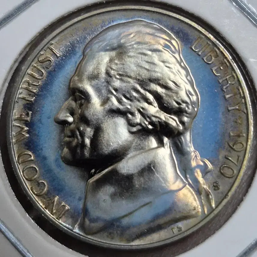 [BUNJANG] 1970 Thomas Jefferson Nickel Coin Blue Rainbow Toning Proof / 1970년 발행 토머스 제퍼슨 니켈 주화. 블루 무지개토닝. 프루프