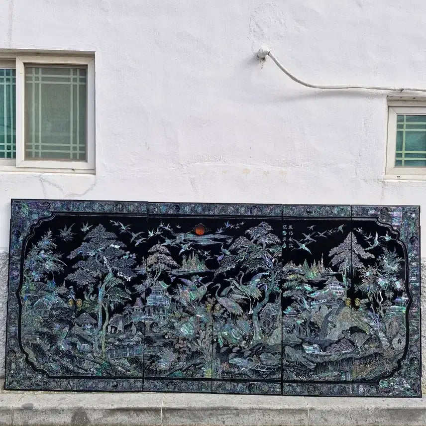 [BUNJANG] Antique 6-Panel Mother-of-Pearl Folding Screen / 은빛 화려한 6폭 자개장문짝 인테리어 고가구 골동품