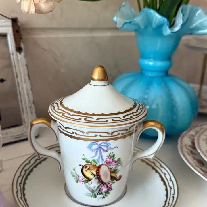 [BUNJANG] French Limoges Ribbon Hand-Painted Chocolate Cup Set / 프랑스 리모쥬 리본 핸드페인팅 초콜렛컵 셋트