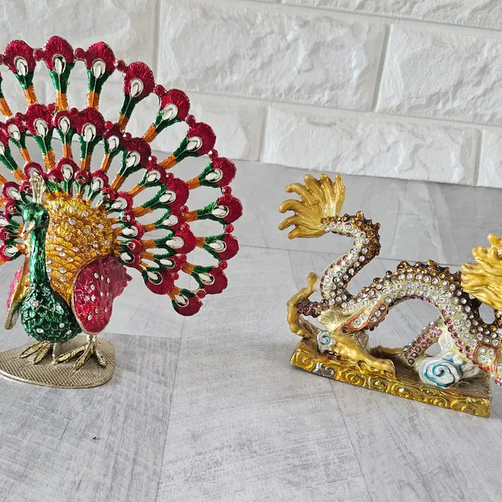 [BUNJANG] Peacock Jewel Box &amp; Dragon Ornament Bundle / 황금용, 공작새, 소, 돼지, 코끼리  장식품 보석함  골동품 인테리어 소품 일괄판매