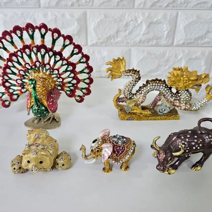 [BUNJANG] Peacock Jewel Box &amp; Dragon Ornament Bundle / 황금용, 공작새, 소, 돼지, 코끼리  장식품 보석함  골동품 인테리어 소품 일괄판매