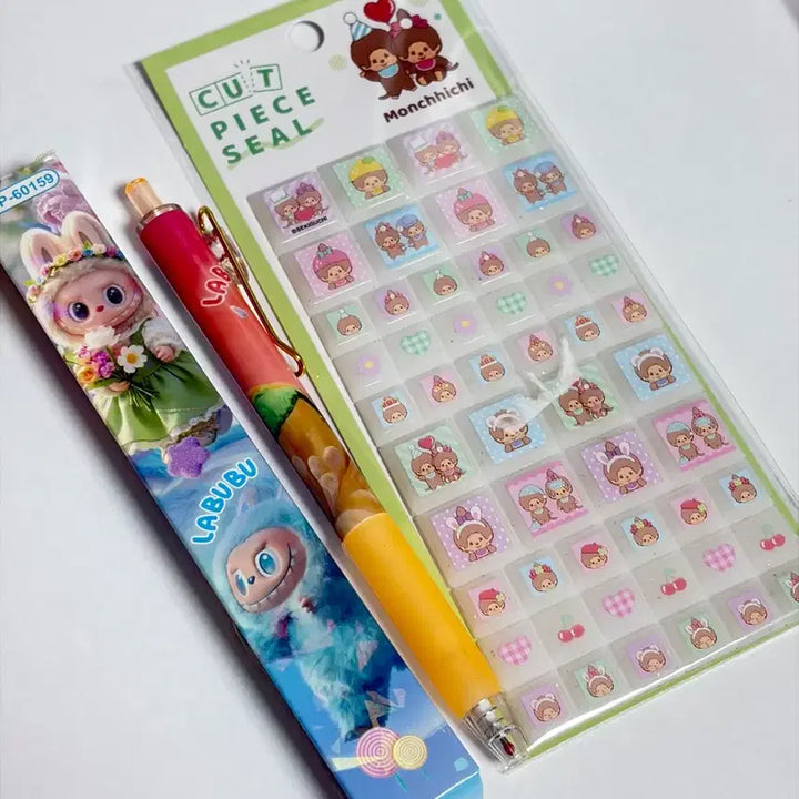 [BUNJANG] Monchhichi Tile Sticker &amp; Rabubu Random Ballpoint Pen Set / 몬치치 타일스티커 + 라부부 랜덤 볼펜