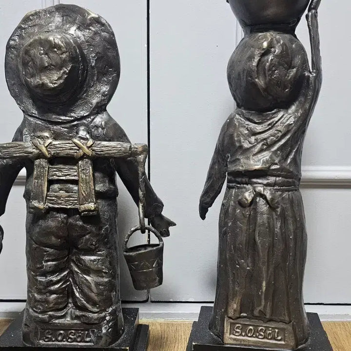 [BUNJANG] Antique Brass Water Bucket Boy and Girl Statues Set / 설선오 진품명품 2점 일괄 30만원