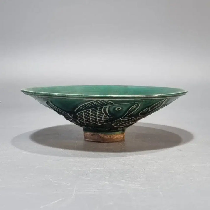 [BUNJANG] Goryeo Dynasty Celadon Green Glaze Fish and Seed Pattern Bowl / 고도자 녹유 어조문 두립완. 지름 19 높이 6
