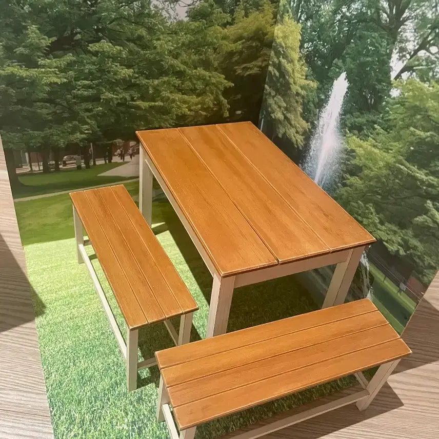 [BUNJANG] Wooden Bench and Table Set with Backdrop for Doll Room Boxes / 룸박스 벤치 및 테이블 나무 가구세트, 배경지