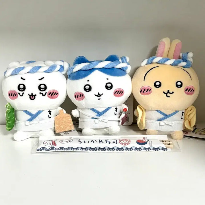 [BUNJANG] Chiikawa Sushi Restaurant Sitting Plush Set (Hachiware, Usagi) / 치이카와 스시 초밥집 앉은 누이 인형 먼작귀 하치와레 우사기 3종 세트 가르마 토끼