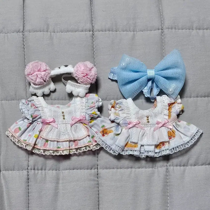 [BUNJANG] 10cm Doll Clothes Set: Strawberry &amp; Bear Dress Bundle / 10cm 솜인형옷 원피스 2종 일괄